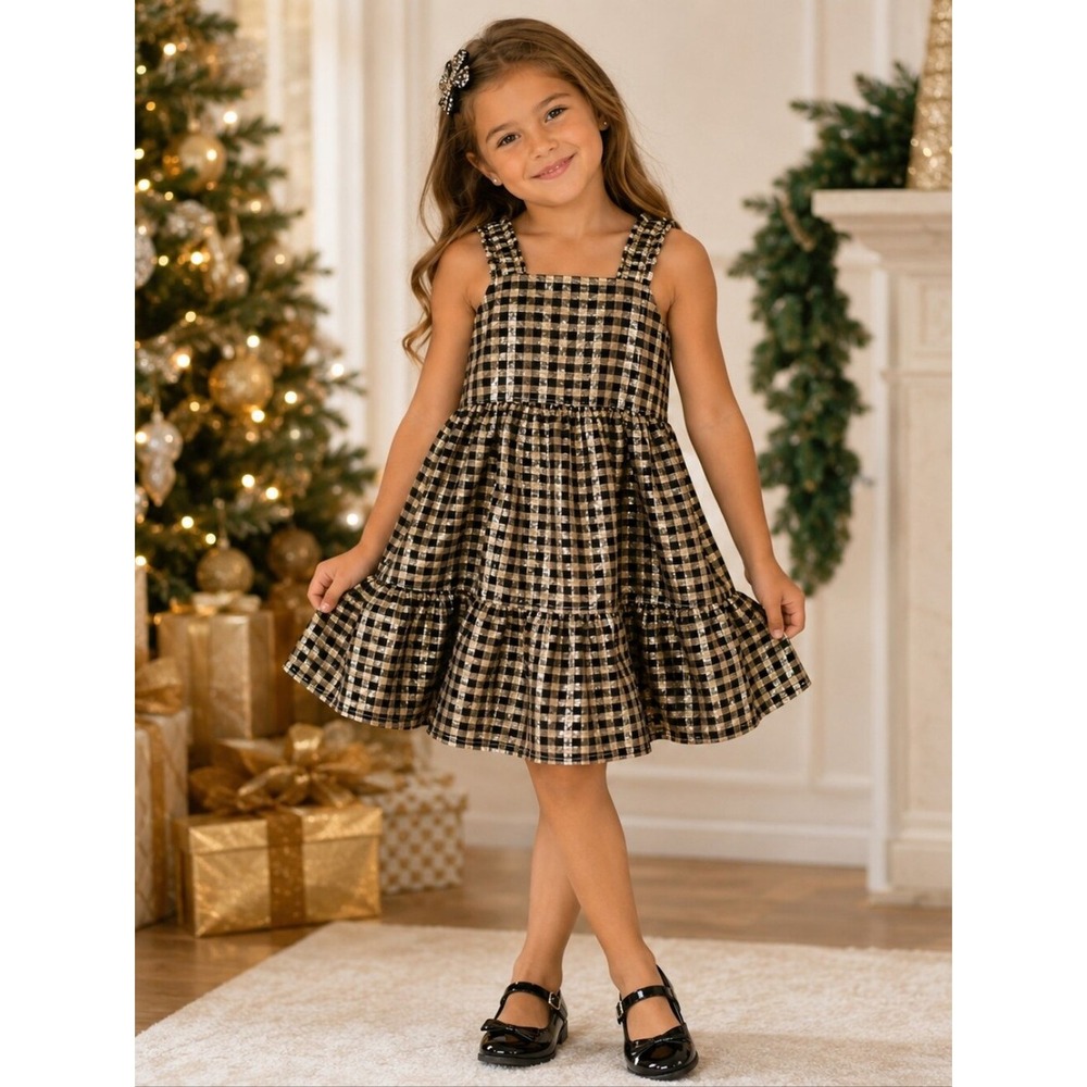 J.Crew Crewcuts‎ Girls Gold Metallic Gingham Tiered Party Dress Size 5
